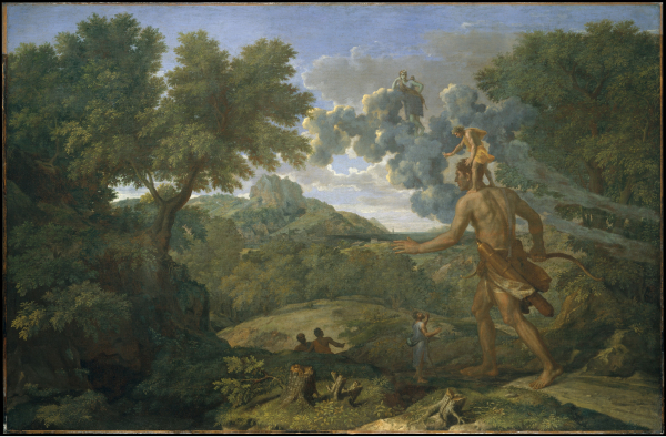 Cedalion standing on the shoulders of Orion from Blind Orion Searching for the Rising Sun by Nicolas Poussin, 1658, Oil on canvas; 46 7/8 × 72 in. (119.1 × 182.9 cm), Metropolitan Museum of Art